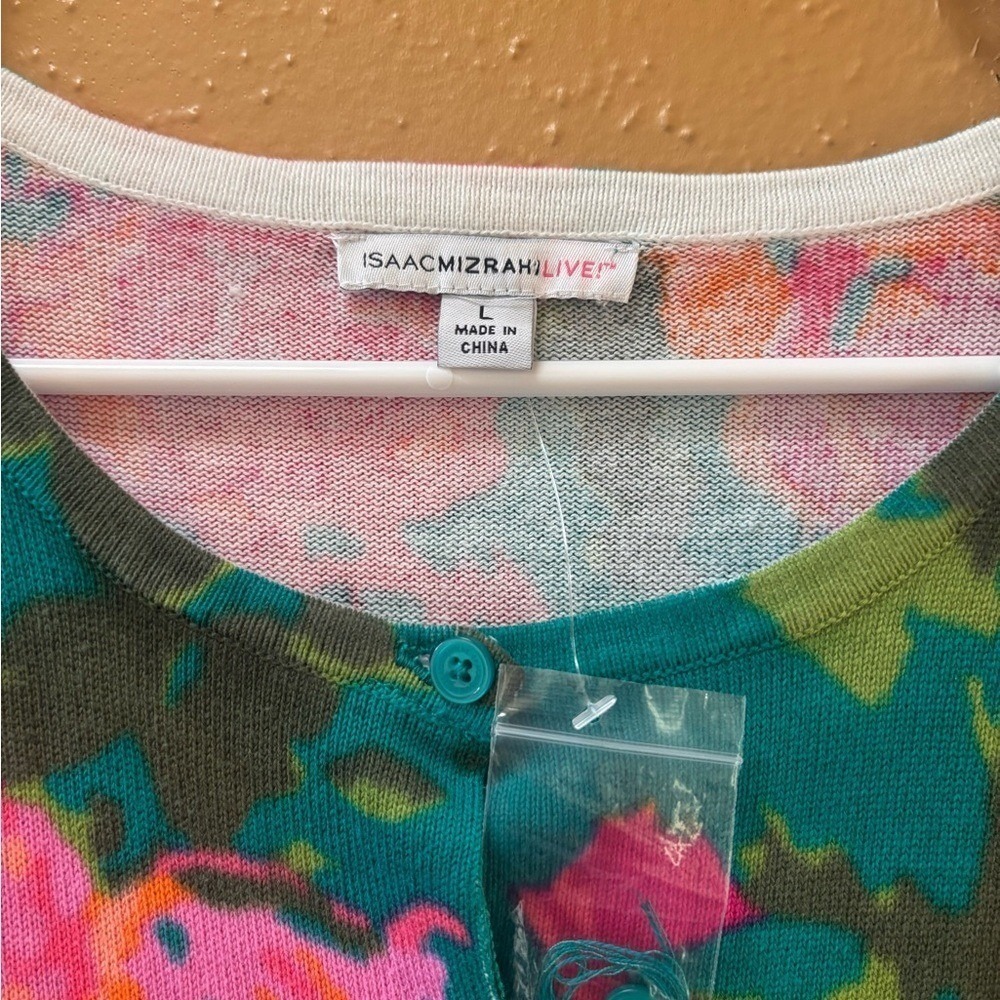 Isaac Mizrahi Live Womens Floral Cardigan Teal Pink Orange Button Front Large - Picture 2 of 5